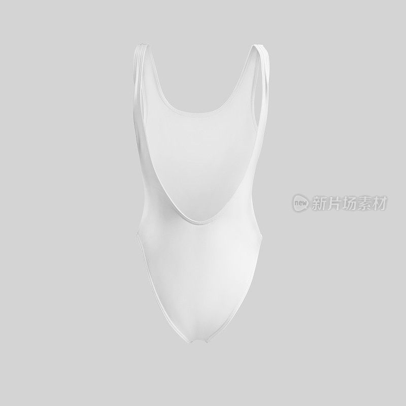 White sports one-piece swimsuit template 3D rendering, women's bodysuit with round deep neckline behind, isolated on background.